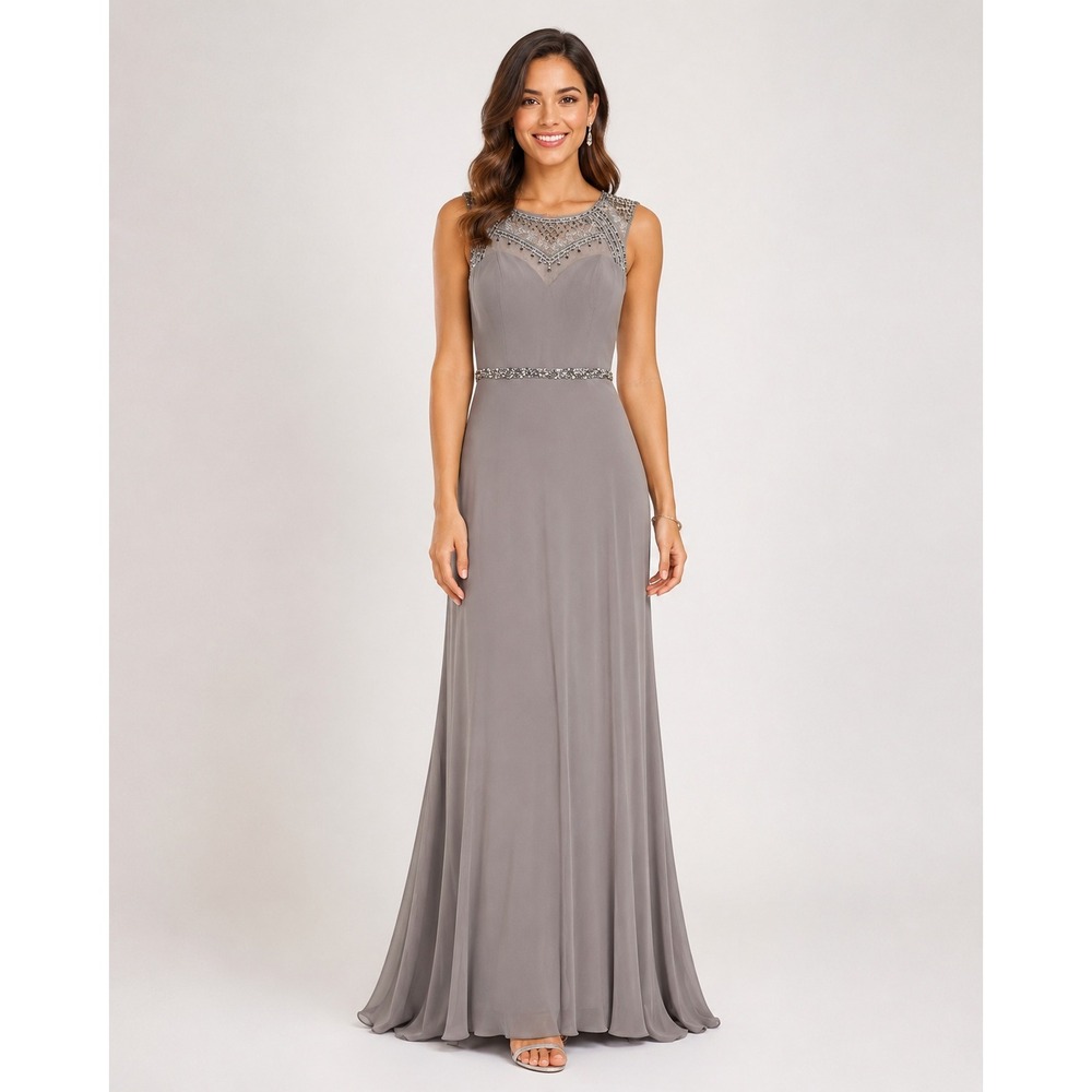 Taupe Beaded Formal Gown‎ Illusion Neck Mother of Bride Dress Size 8